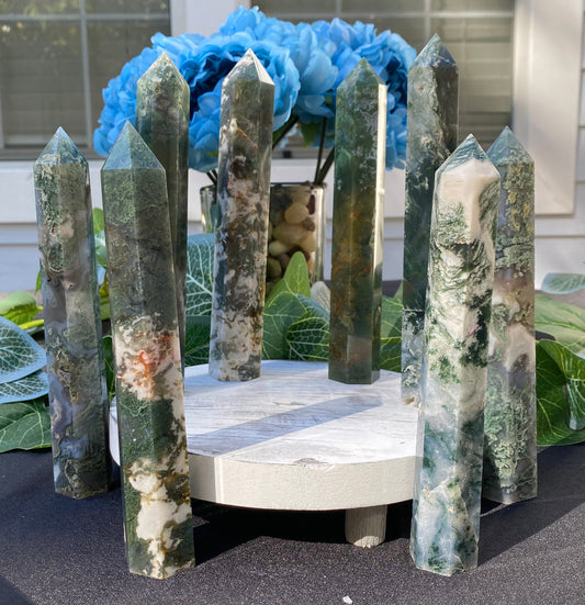 Moss Agate Tower - Gemstone Oasis Co.
