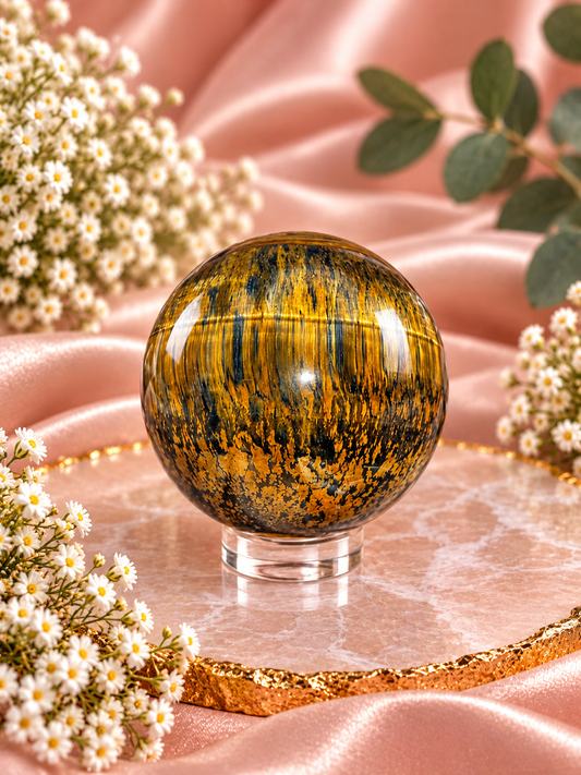 Blue Tiger's Eye sphere gemstone from Gemstone Oasis Co., showcasing its rich blue and golden-brown swirling patterns.
